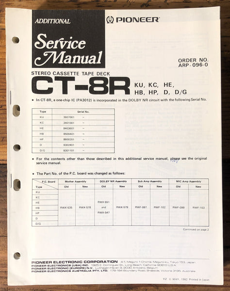 Pioneer CT-8R Cassette Add. Service Manual *Original* #2
