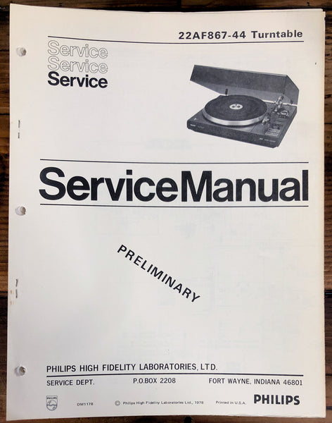 Philips AF 867 / 22AF867/44 Record Player / Turntable Service Manual *Orig*