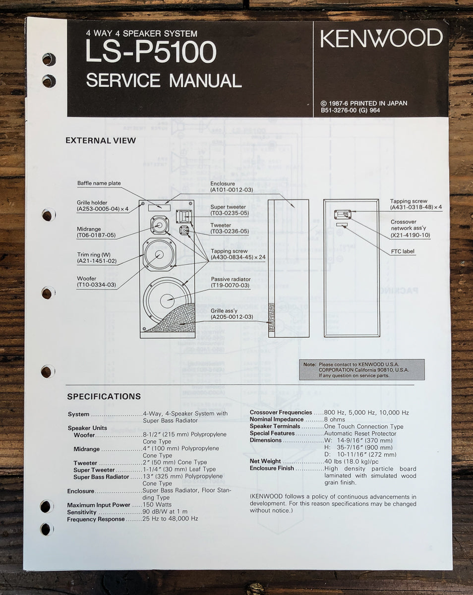 Kenwood LS-P5100 Speaker Service Manual *Original*