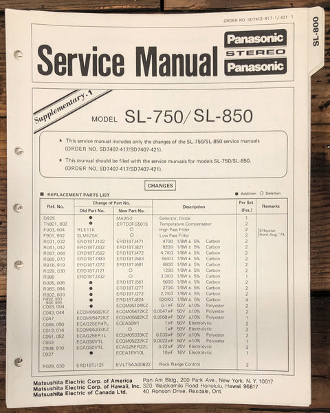 Panasonic SL-750 SL-850 Turntable Supp. Service Manual *Original*