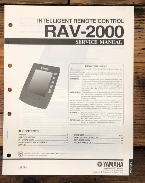 Yamaha RAV-2000 Remote Control  Service Manual *Original*