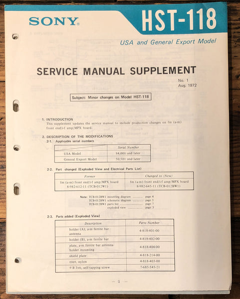 Sony HST-118 Radio Supp. Service Manual *Original*