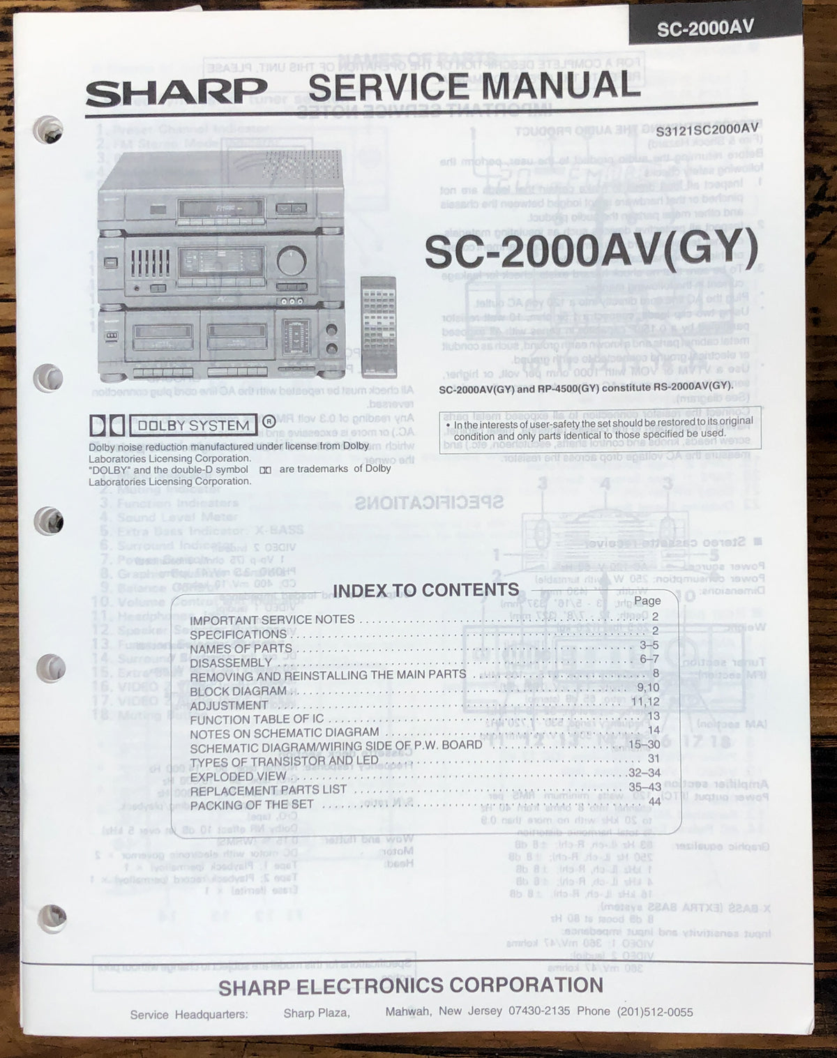 Sharp SC-2000AV Stereo System Service Manual *Original*