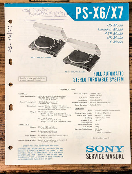 Sony PS-X6 PS-X7 Record Player / Turntable  Service Manual *Original*