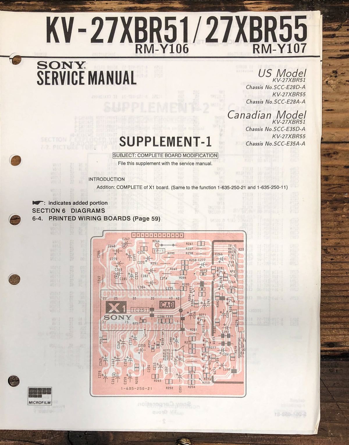 Sony KV-27XBR51 -27XBR55 TV Supp. Service Manual *Original*