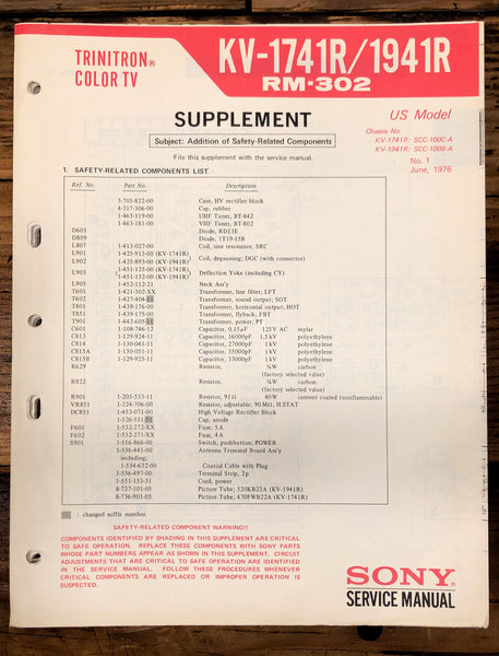 Sony KV-1741R KV-1941R Television / TV Supplement 1 Service Manual *Original*