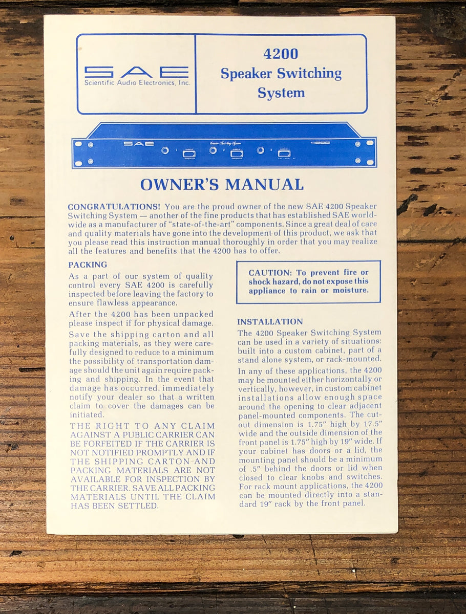 SAE Model 4200 Speaker Switcher Owners / User Manual *Original*