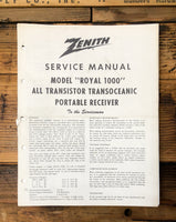 Zenith Royal 1000 Transoceanic Portable Radio  Service Manual *Original*