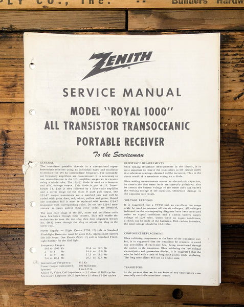 Zenith Royal 1000 Transoceanic Portable Radio  Service Manual *Original*