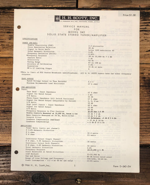 HH Scott Model 342 Receiver Service Manual *Original*