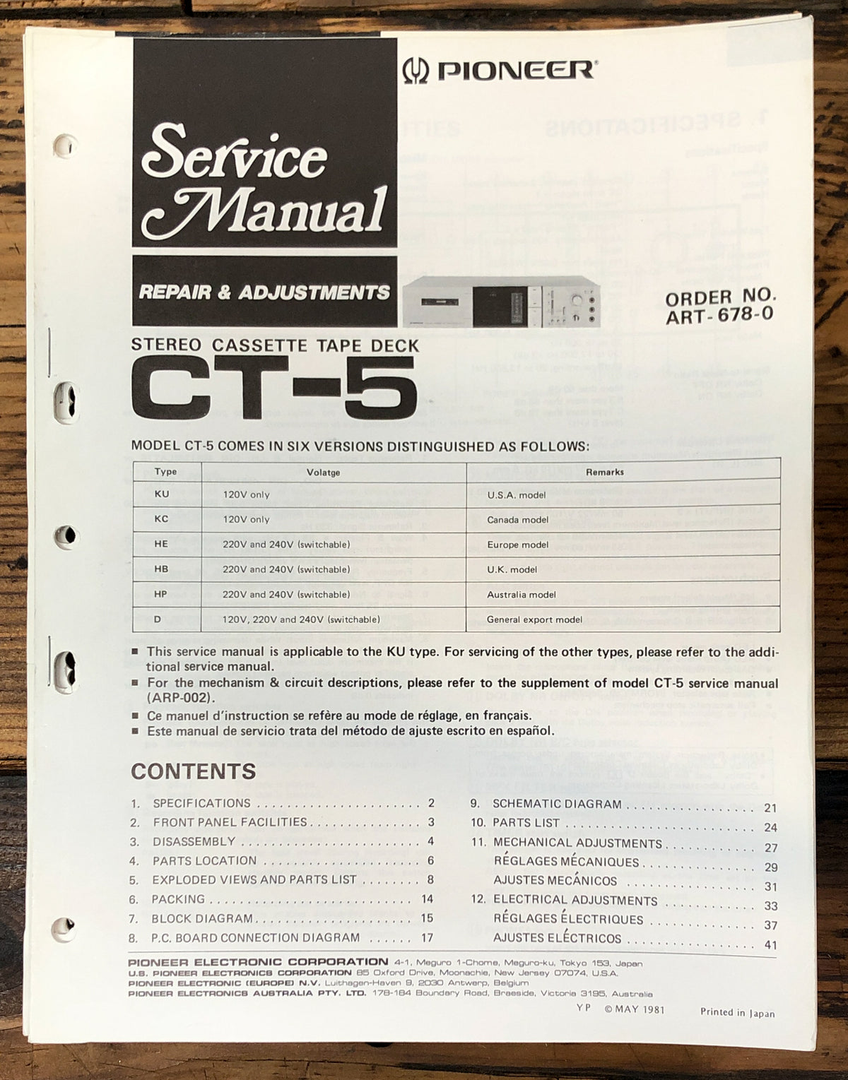 Pioneer CT-5 Cassette Service Manual *Original*