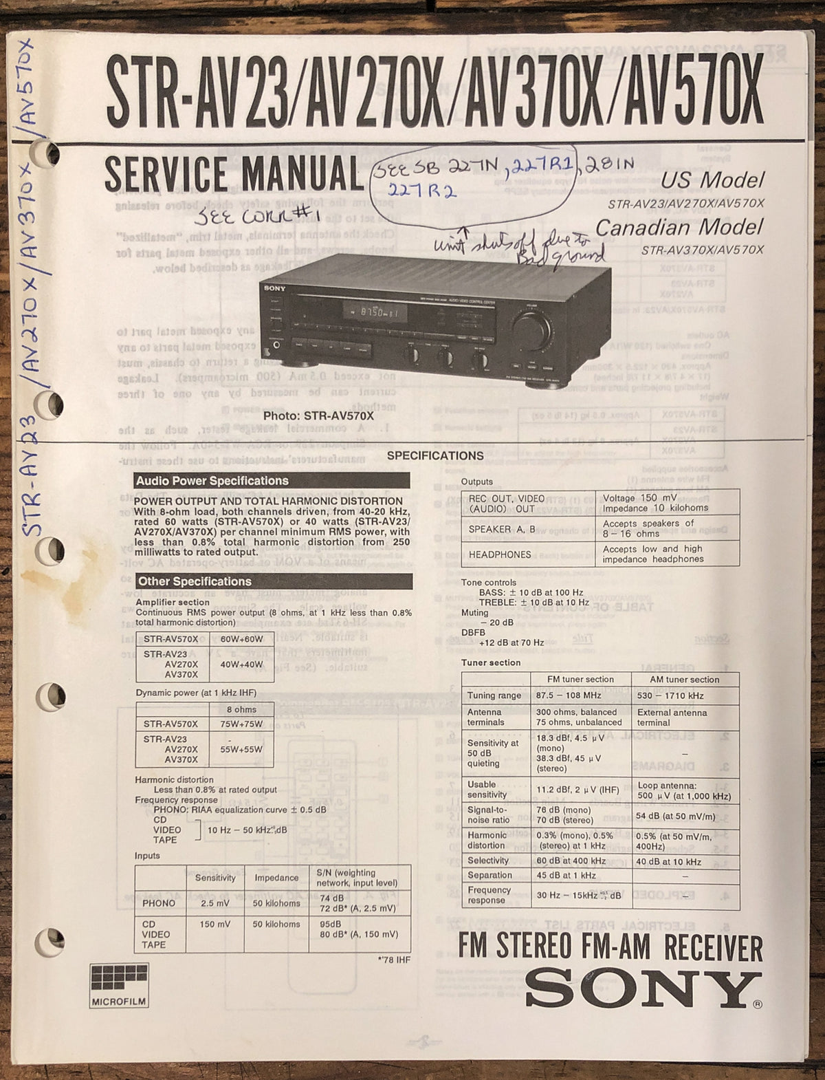 Sony STR-AV23 -AV270X -AV370X -AV570X Receiver  Service Manual *Original*