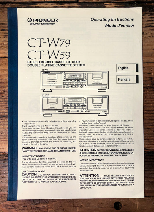 Pioneer CT-W79 CT-W59 Double Cassette Deck Owners / User Manual *Original*