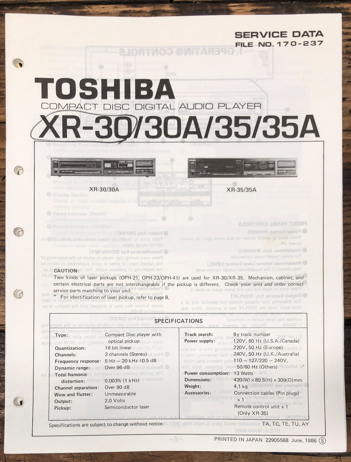 Toshiba XR-30 -30A -35 -35A CD Player  Service Manual *Original*