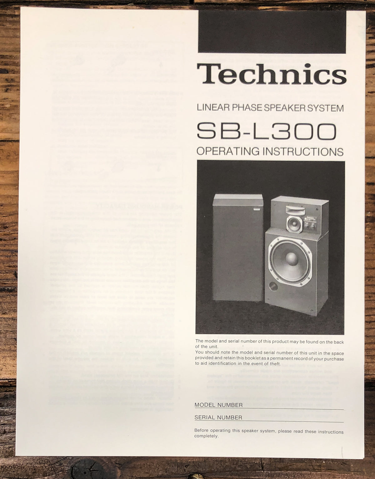Technics SB-L300 Speaker Owners / User Manual *Original*