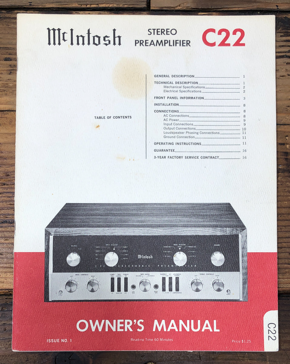 McIntosh C22 C-22 Preamp / Preamplifier Issue 1 Owners / User Manual *Original*