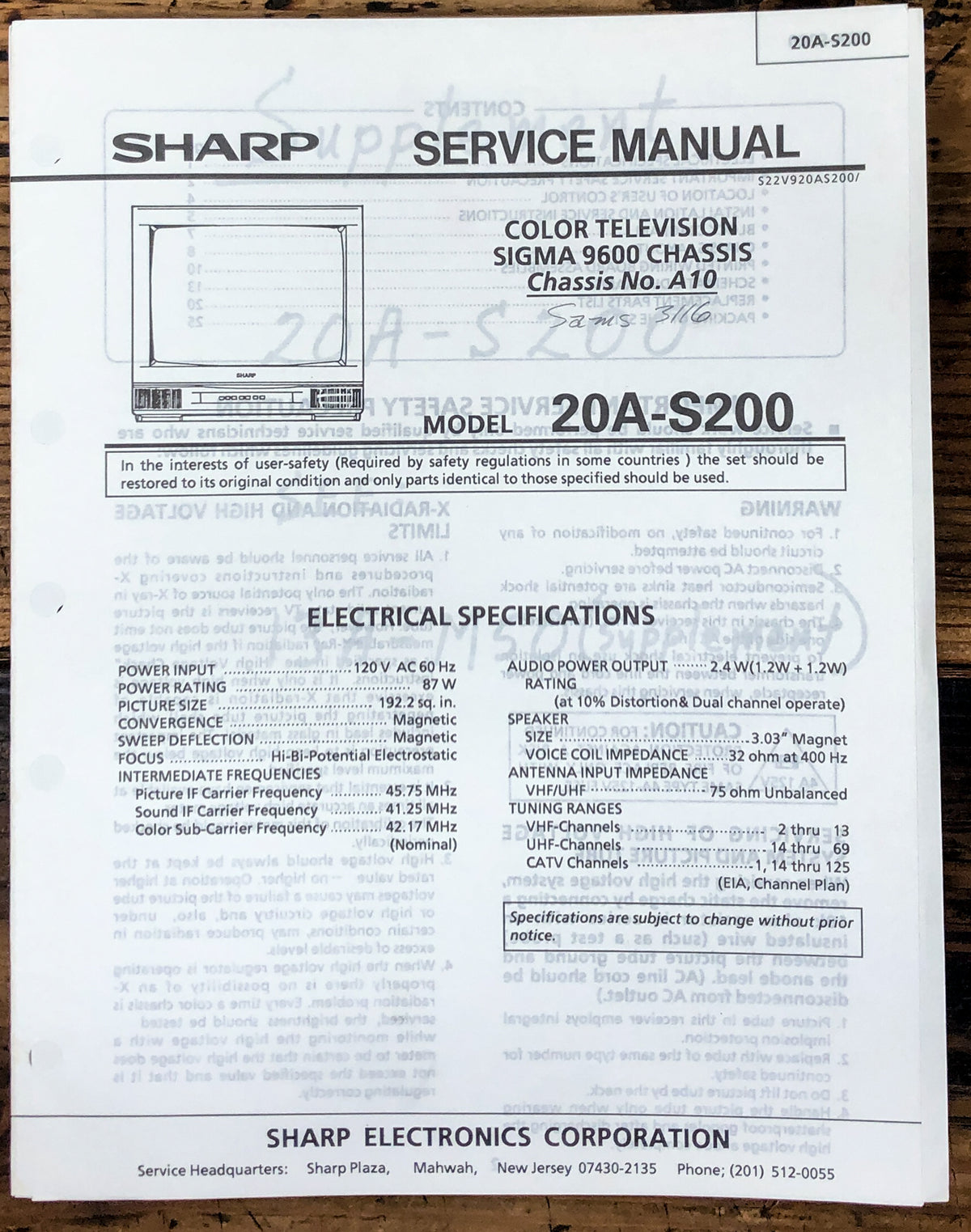 Sharp 20A-S200 TV / Television Service Manual *Original*