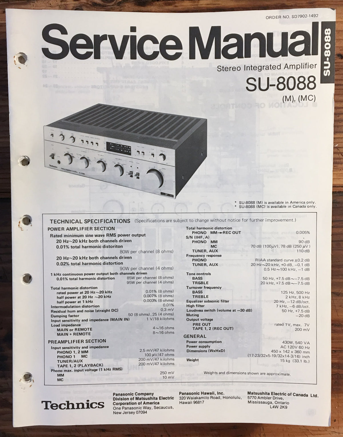 Technics SU-8088 Amplifier  Service Manual *Original*