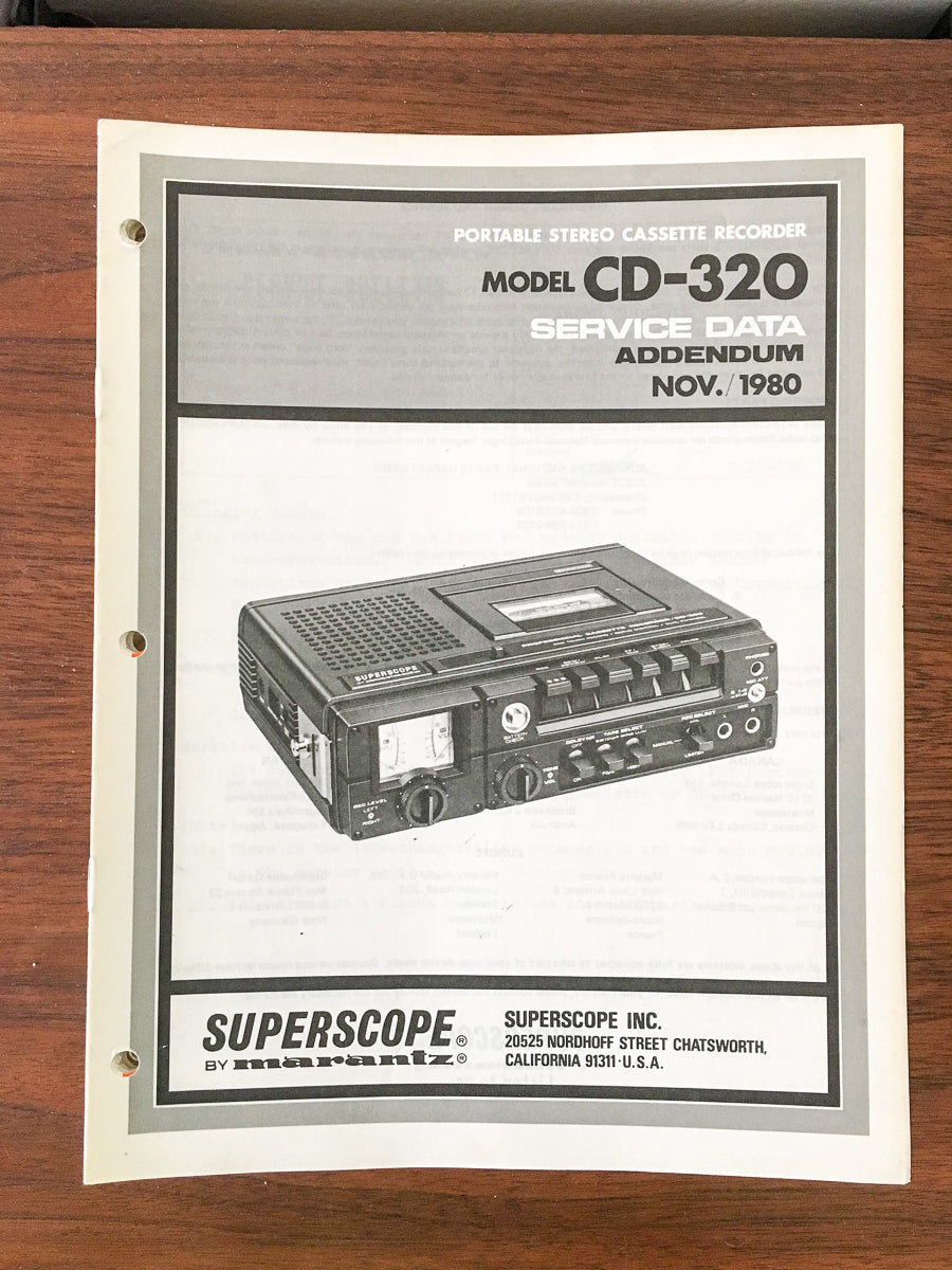 Superscope CD-320 Cassette Deck Service Manual Addendum *Original*