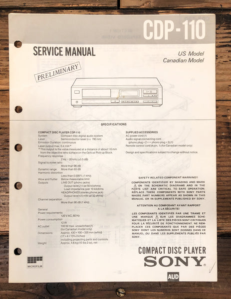 Sony CDP-110 CD Player Prelim. Service Manual *Original*