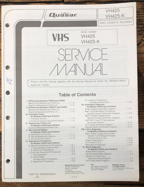 Quasar VH425 VH425-K VCR  Service Manual *Original*