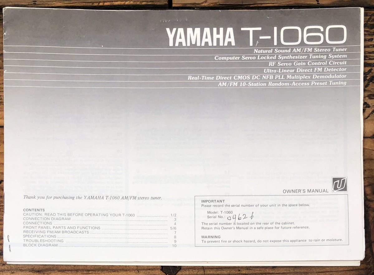Yamaha T-1060 Tuner  Owner / User Manual *Original*