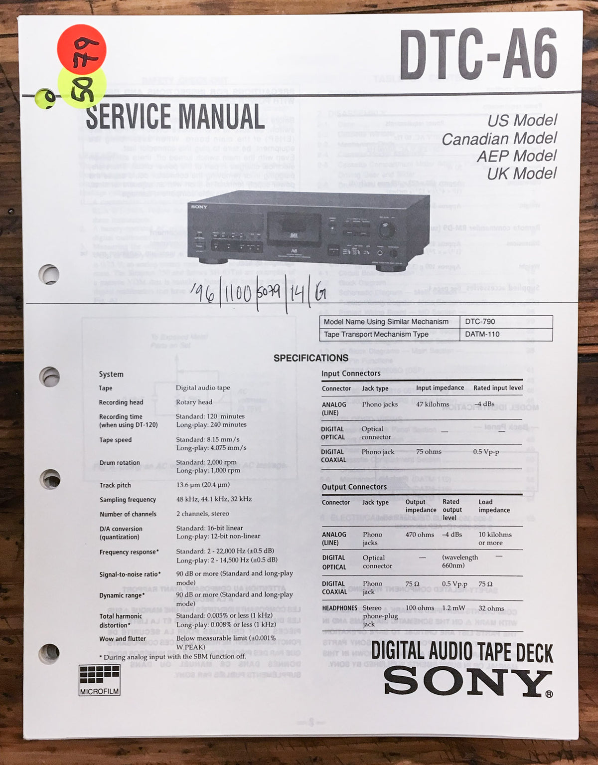 Sony DTC-A6 DAT Deck  Service Manual *Original*