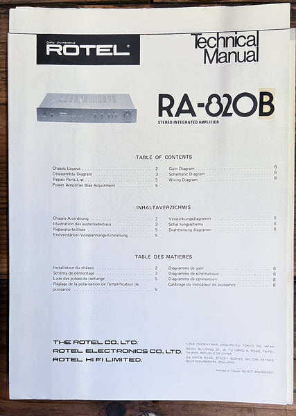 Rotel RA-820B Amplifier  Service Manual *Original*