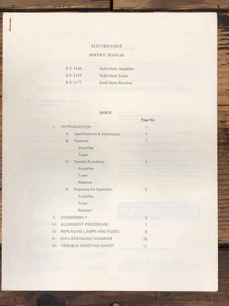 Electrovoice EV-1144 EV-1155 EV-1177 Stereo Service Manual *Original* #1