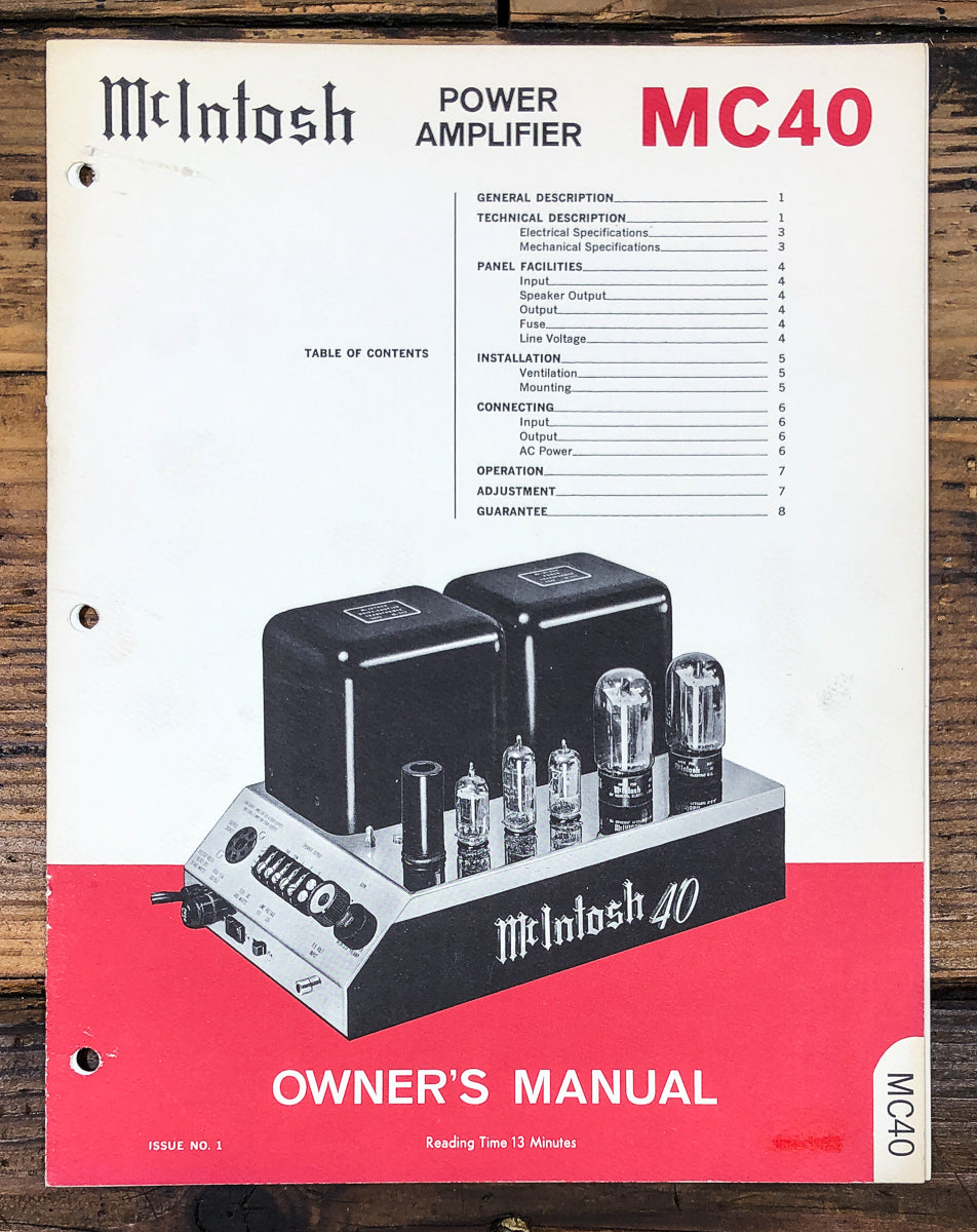 McIntosh MC-40 MC40 Amplifier Owners / User Manual *Original*