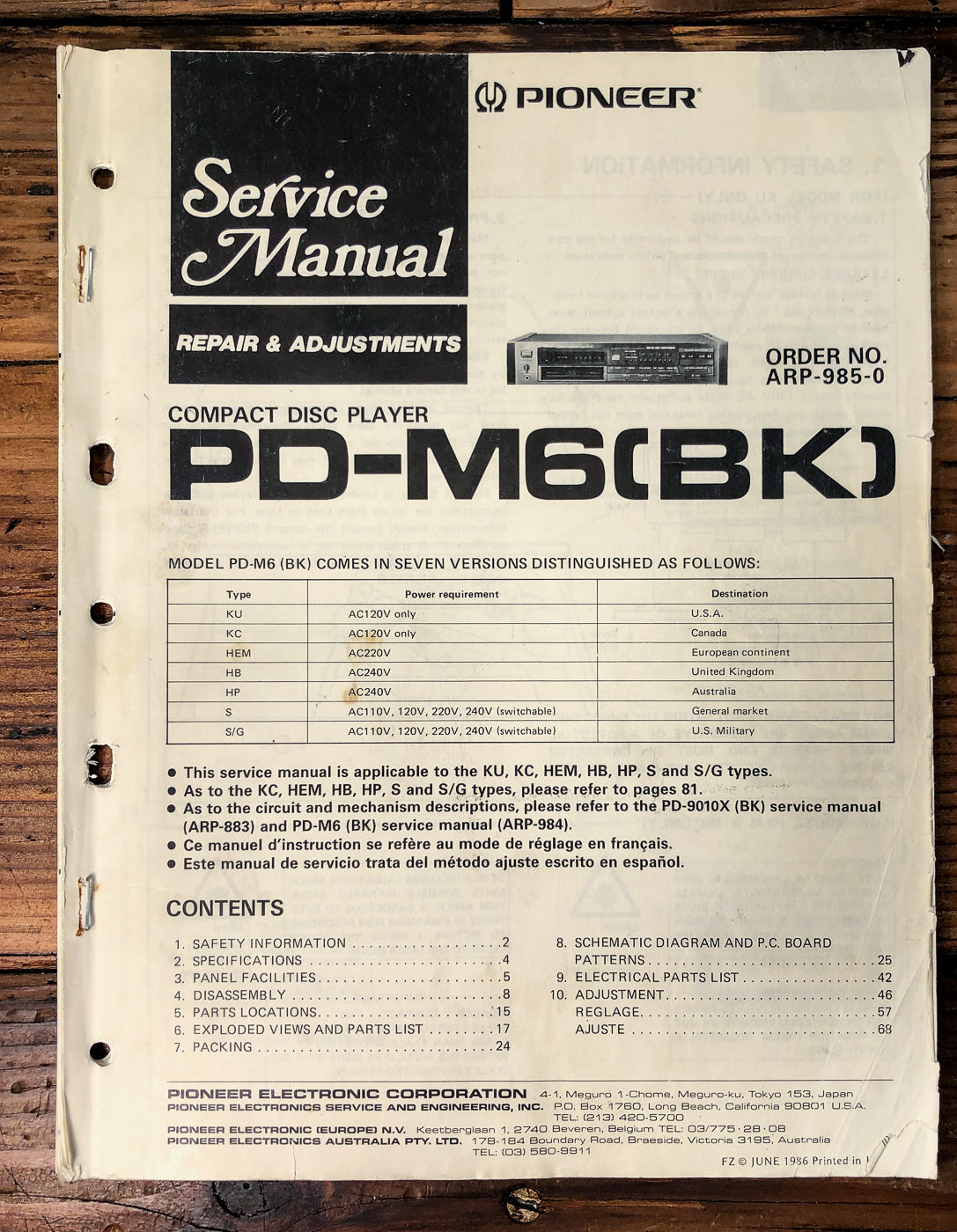 Pioneer PD-M6 CD Changer Service Manual #2 *Original*