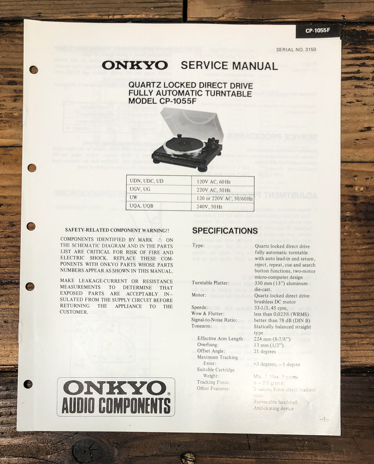 Onkyo CP-1055F Record Player / Turntable Service Manual *Original*