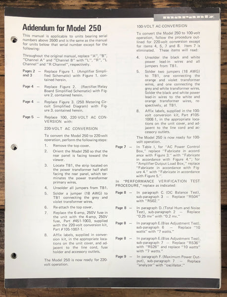 Marantz Model 250 Amplifier Addendum Service Manual *Original*