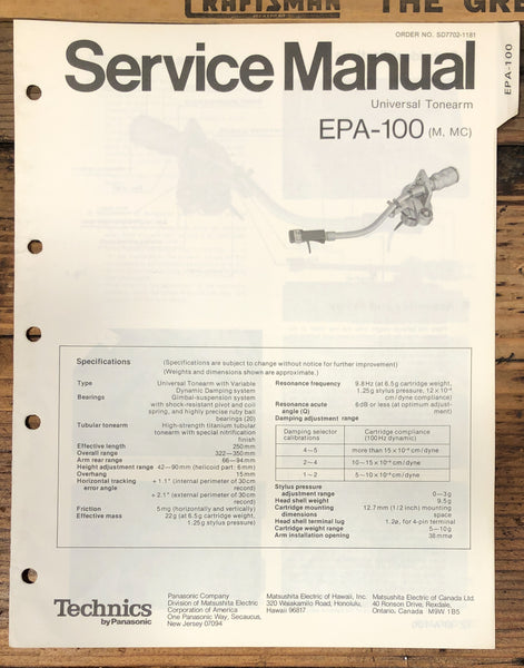 Technics EPA-100 Tonearm Service Manual *Original*