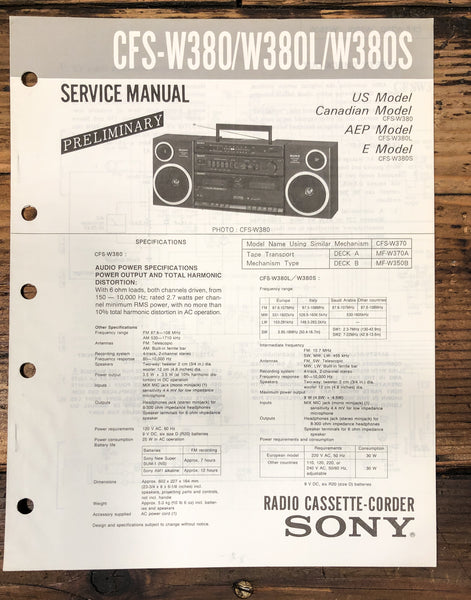 Sony CFS-W380 -W380L -W380S Radio Prelim. Service Manual *Original*