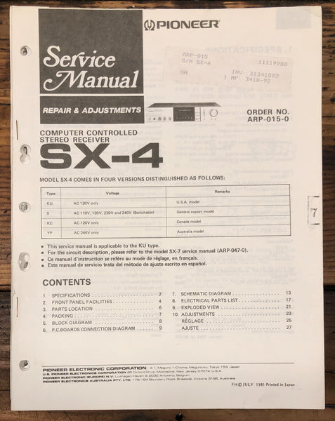 Pioneer SX-4 Receiver  Service Manual *Original*