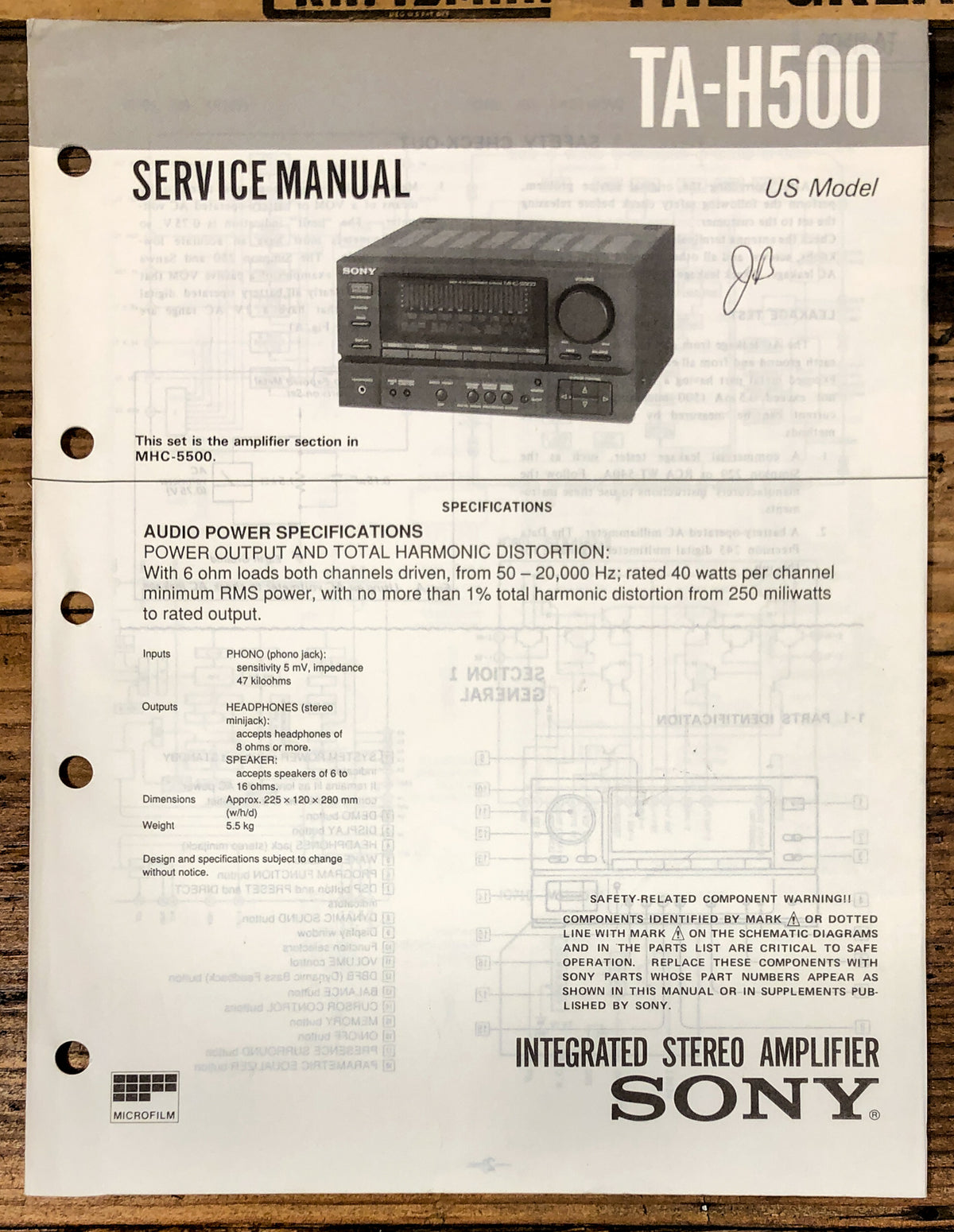 Sony TA-H500 Amplifier  Service Manual *Original*