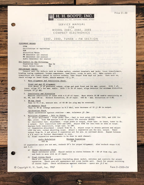 HH Scott Model 2501 2502 2503 Stereo Service Manual *Original*