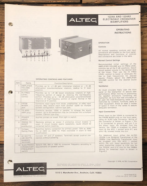 Altec Model 1224A 1224AX Crossover  Owners & Schematic Manual *ORIGINAL*