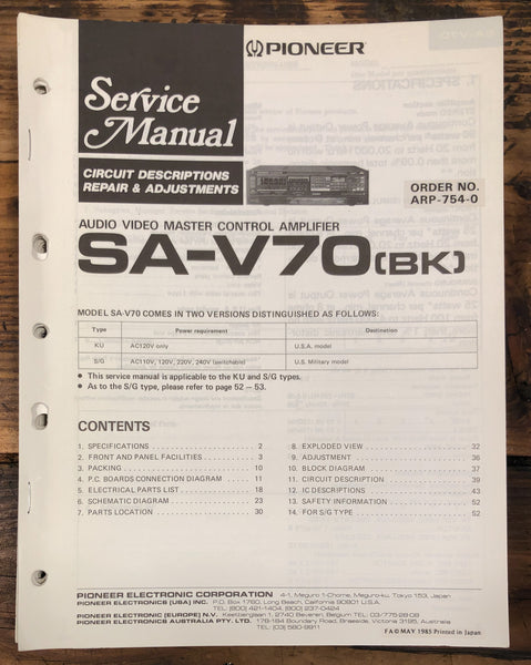 Pioneer SA-V70 AV Control Amplifier  Service Manual *Original*