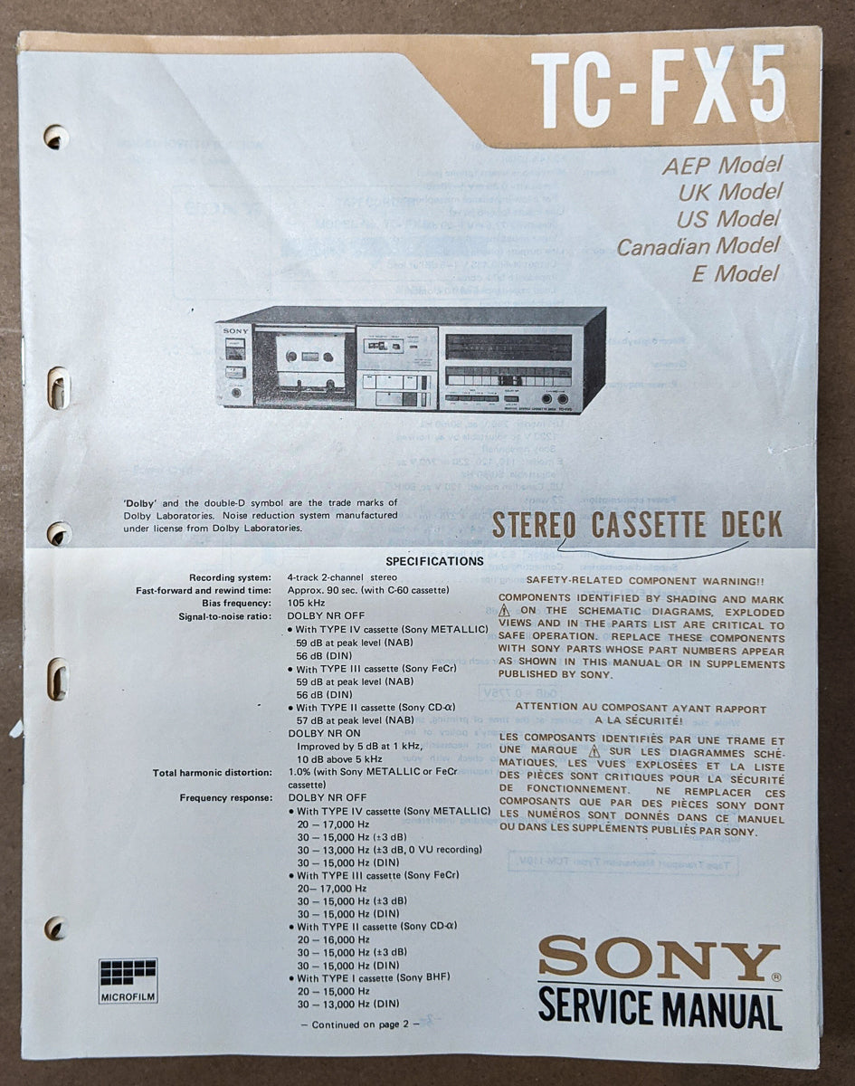 Sony TC-FX5 Cassette Service Manual *Original*