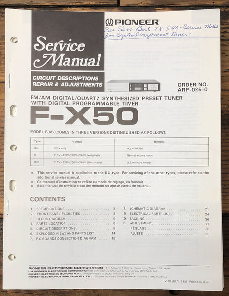 Pioneer F-X50 Tuner  Service Manual *Original*