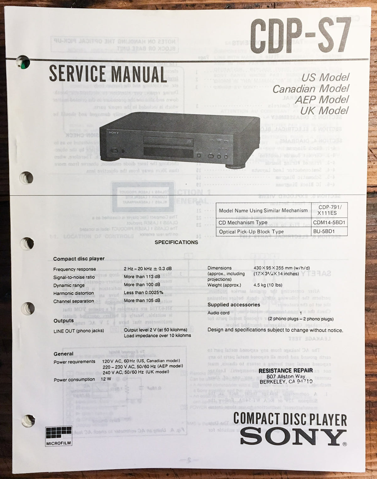 Sony CDP-S7 CD  Player  Service Manual *Original*
