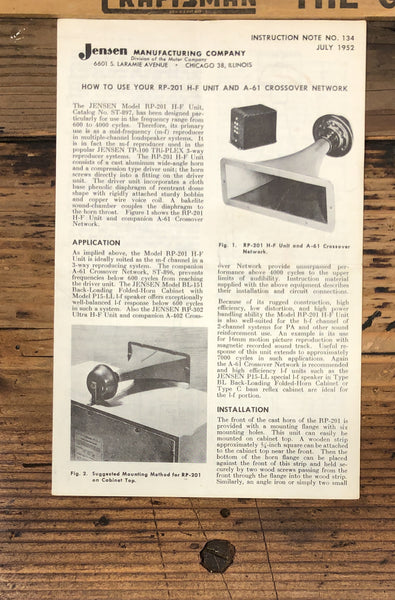 Jensen RP-201 A-61 Speaker  Owners / User Manual *Original*