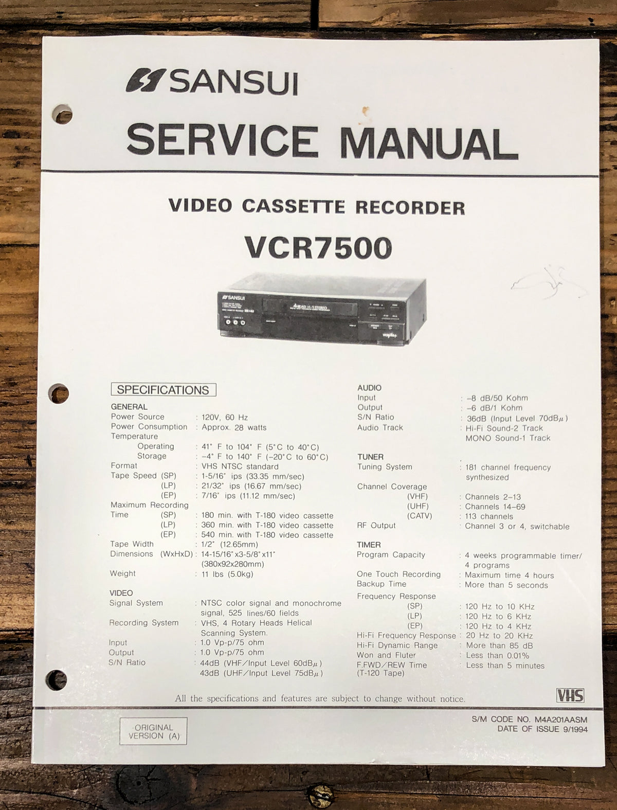 Orion / Sansui VCR7500 VCR Service Manual *Original*