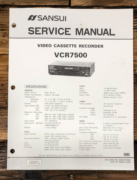 Orion / Sansui VCR7500 VCR Service Manual *Original*