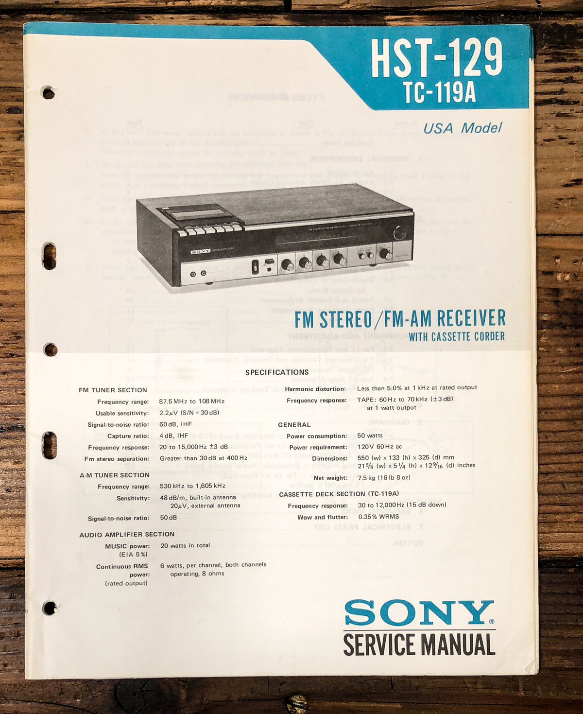 Sony HST-129 TC-119A Stereo Service Manual *Original*