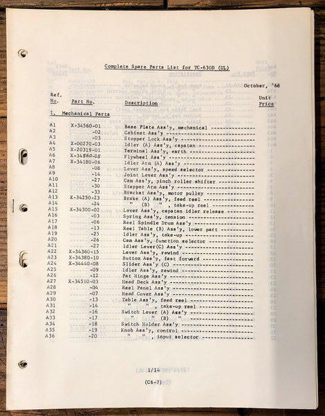 Sony TC-630D Tape Recorder Parts List Manual   *Original*