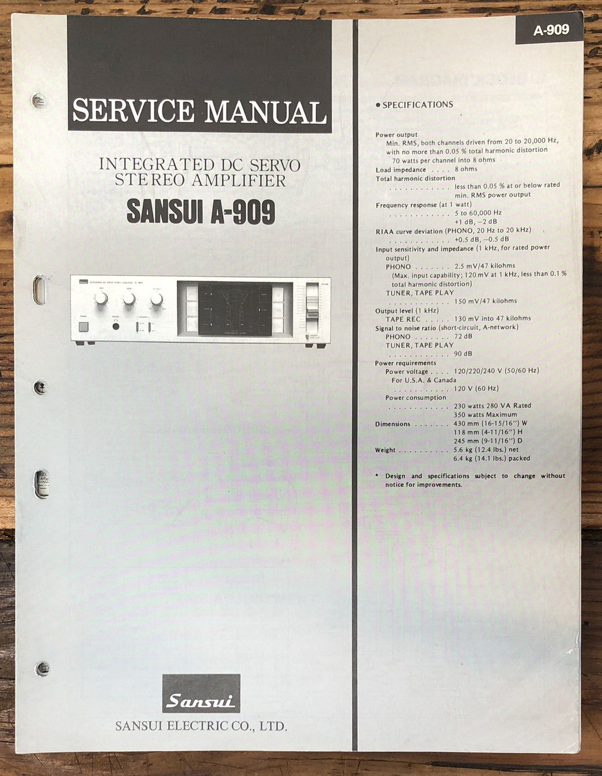 Sansui A-909 Amplifier  Service Manual *Original*