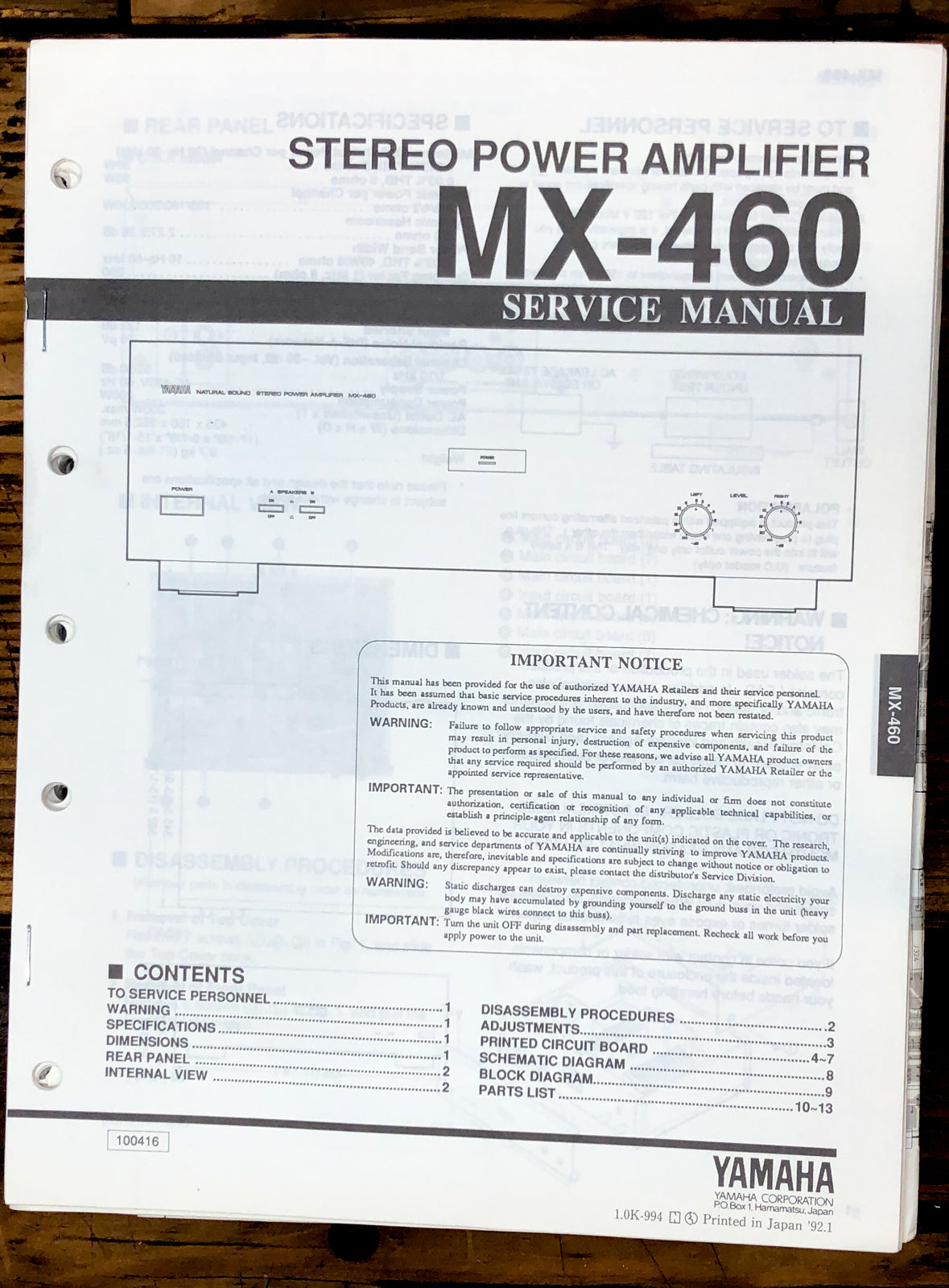Yamaha MX-460 Amplifier Service Manual *Original*
